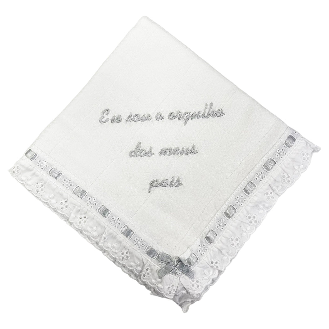 Portuguese Embroidered Grey Baby Burp Cloth 