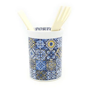 Portuguese Tile Azulejo Ceramic Utensil Holder with Wooden Utensil Set