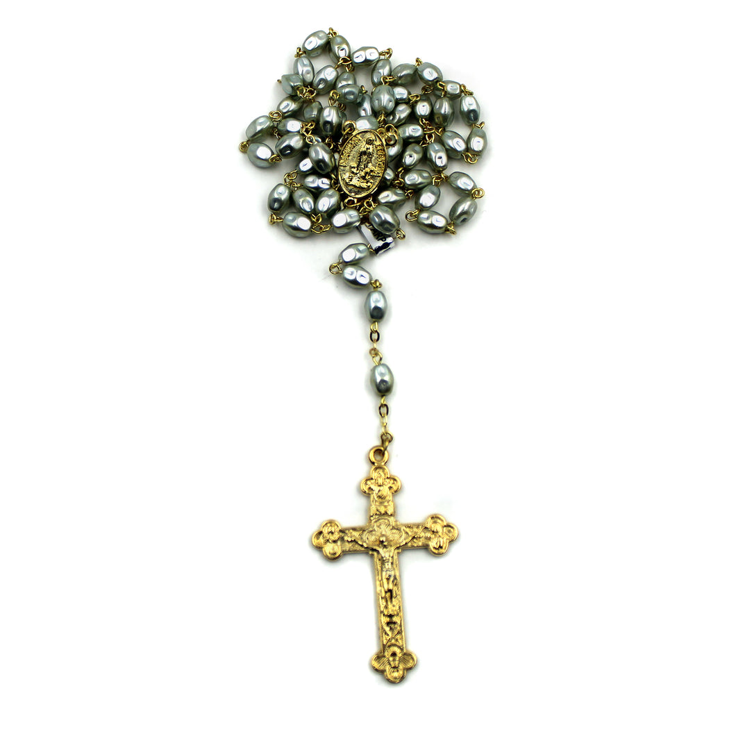 Our Lady of Fatima Grey Pearl Rosary Gold