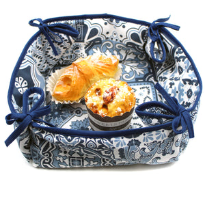 100% Cotton Portugal Blue Tile Azulejo Oven Mitt, Bread Basket, and Pot Holder Set