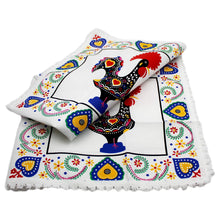 Load image into Gallery viewer, 31&quot; Good Luck Rooster Galo de Barcelos Square White Table Linen with Fringe
