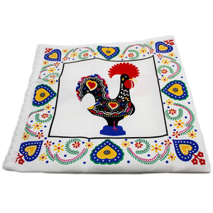 31" Good Luck Rooster Galo de Barcelos Square White Table Linen with Fringe