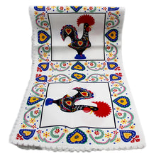 Load image into Gallery viewer, 31&quot; x 47&quot; Good Luck Rooster Galo de Barcelos White Table Linen with Fringe
