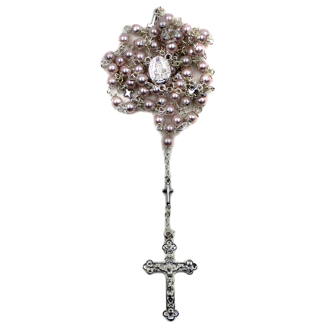 Our Lady of Fatima Pink Pearl Rosary with Cross