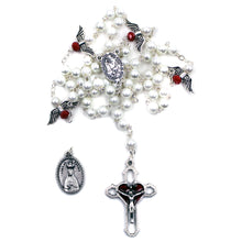 Load image into Gallery viewer, Our Lady of Fatima White Pearl Rosary w/ Angel Wings and Fatima Medal
