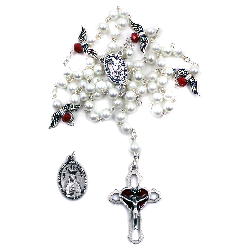 Our Lady of Fatima White Pearl Rosary w/ Angel Wings and Fatima Medal