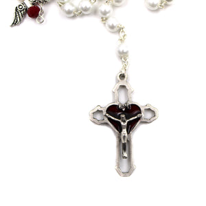 Our Lady of Fatima White Pearl Rosary w/ Angel Wings and Fatima Medal