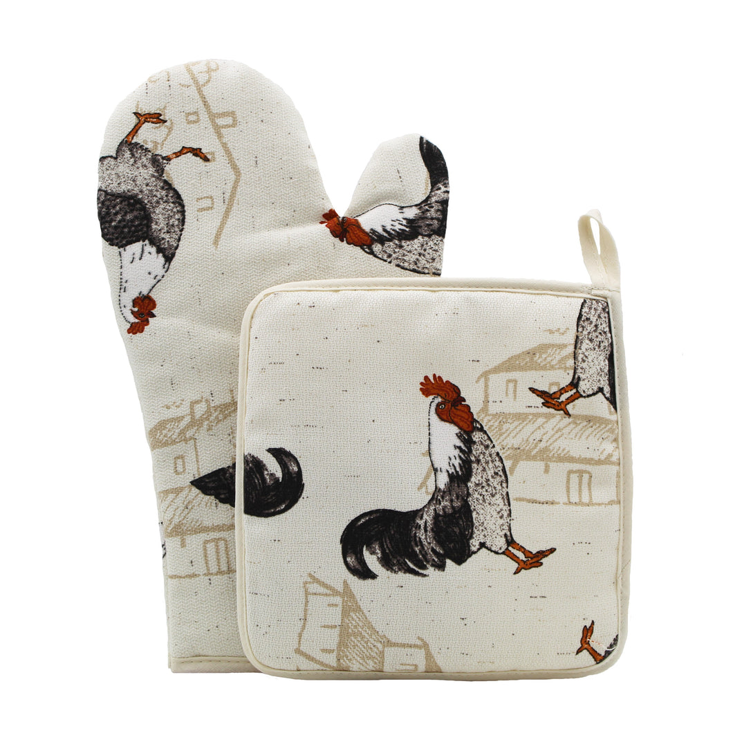 100% Cotton Farmhouse Rooster Oven Mitt and Pot Holder Set
