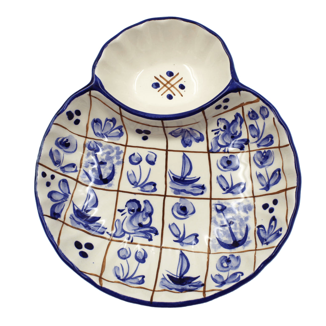 Hand-Painted Portuguese Ceramic Blue Mosaic Large Olive Dish with Pit Holder