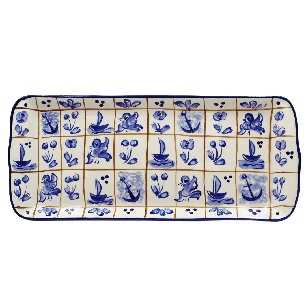 Hand-Painted Portuguese Ceramic Blue Mosaic Serving Platter, Tart Tray