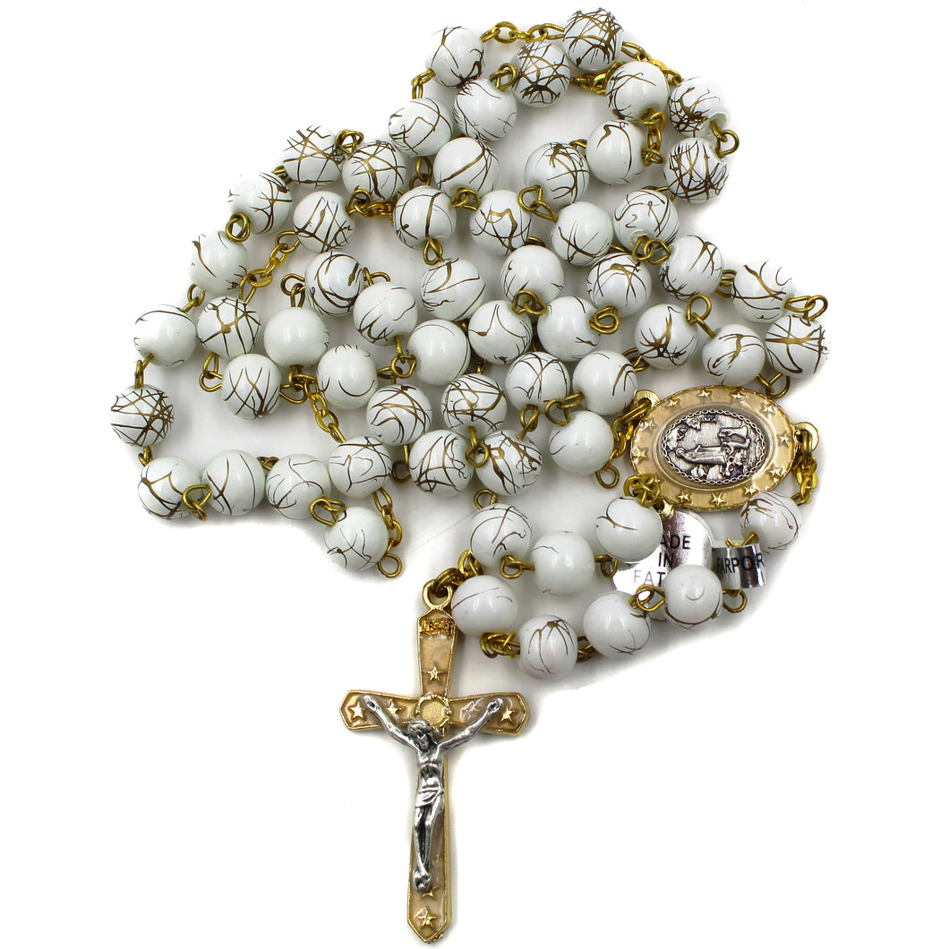 Our Lady of Fatima White and Gold Marble Rosary