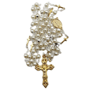 Our Lady of Fatima Pearl Rosary with Gold Mini Crosses