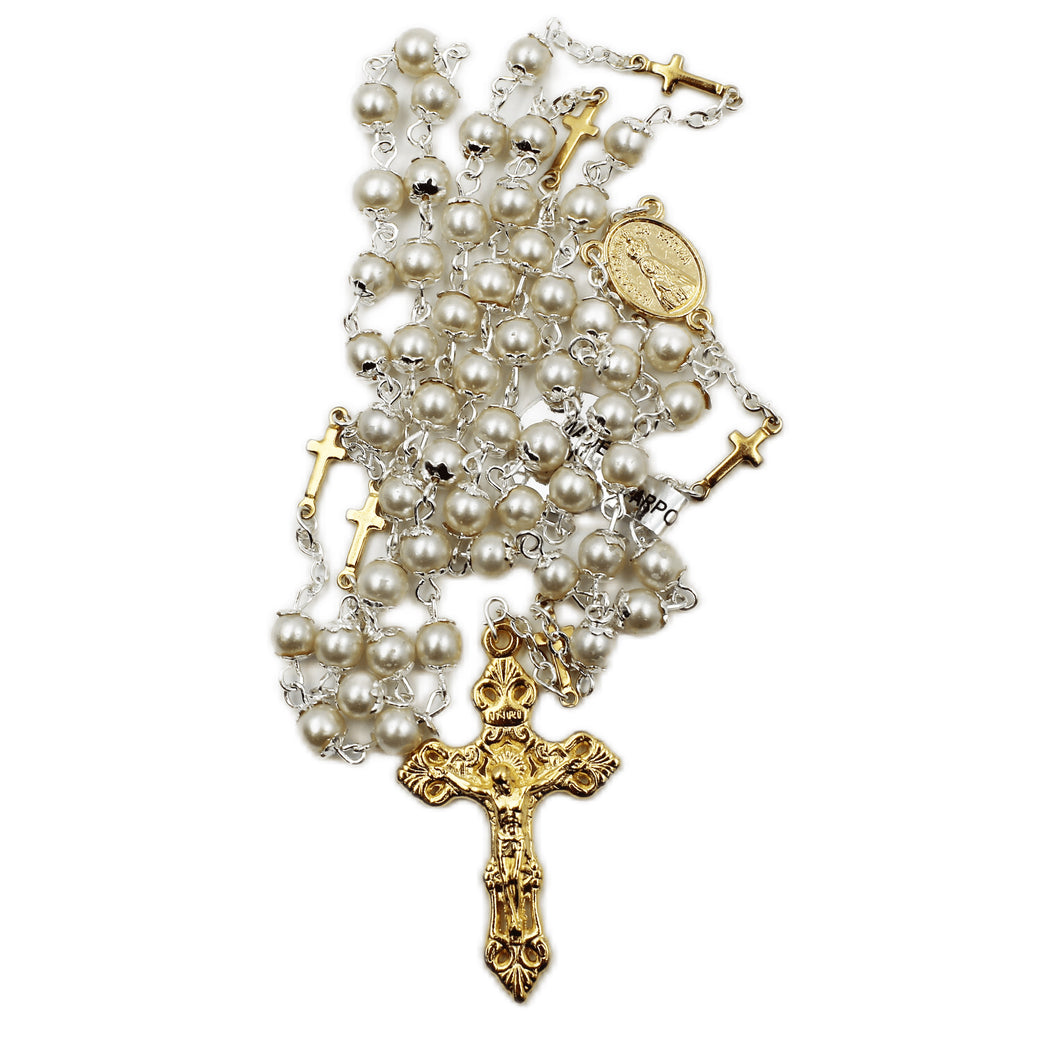 Our Lady of Fatima Pearl Rosary with Gold Mini Crosses