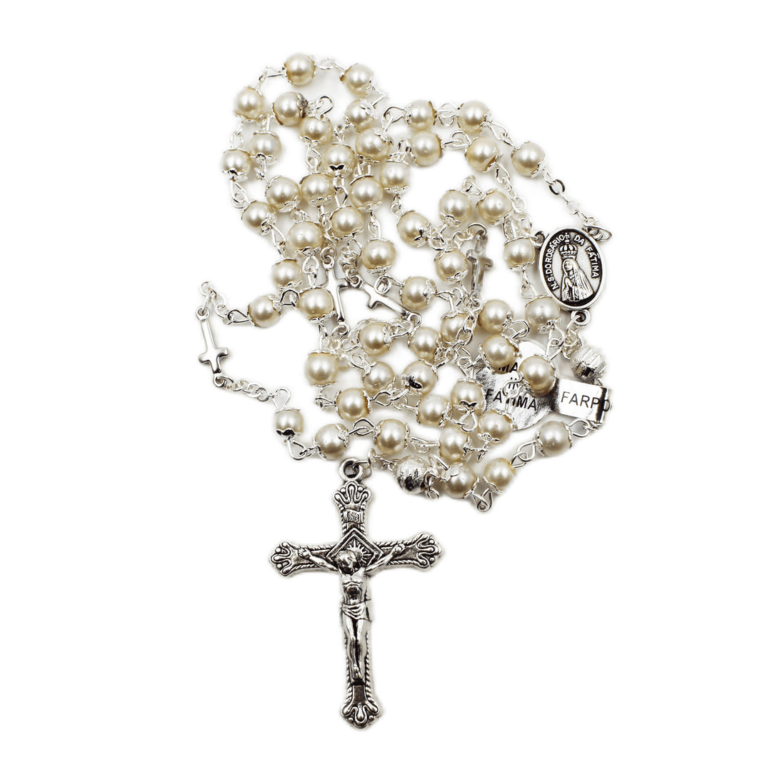 Our Lady of Fatima White Pearl Rosary with Mini Silver Crosses