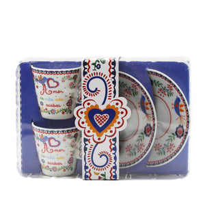 Portuguese Viana Lovers Namorados Ceramic Espresso Cups and Saucers - Set of 2