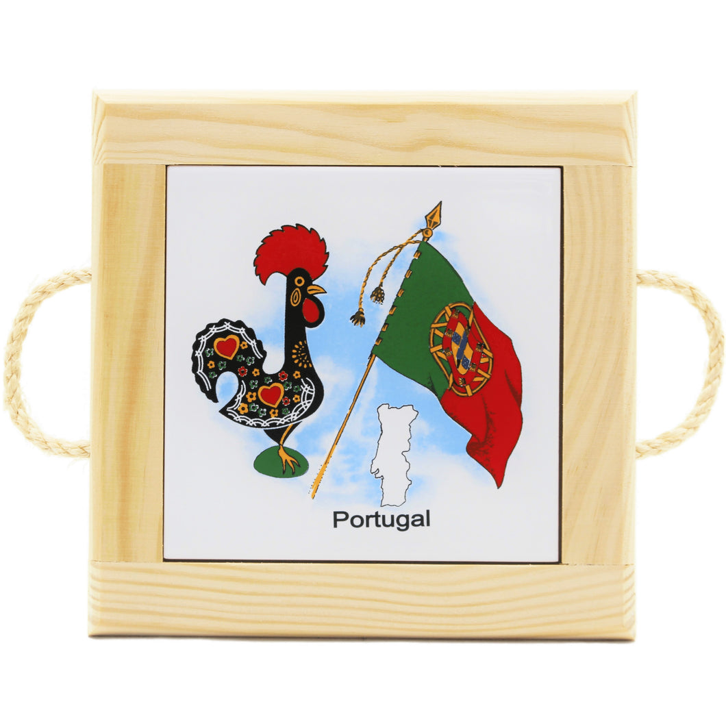 Traditional Portuguese Rooster with Flag Ceramic Tile Wood Pot Support
