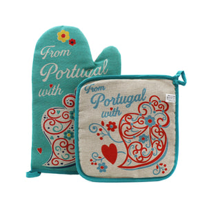 100% Cotton From Portugal With Love Blue Oven Mitt and Pot Holder