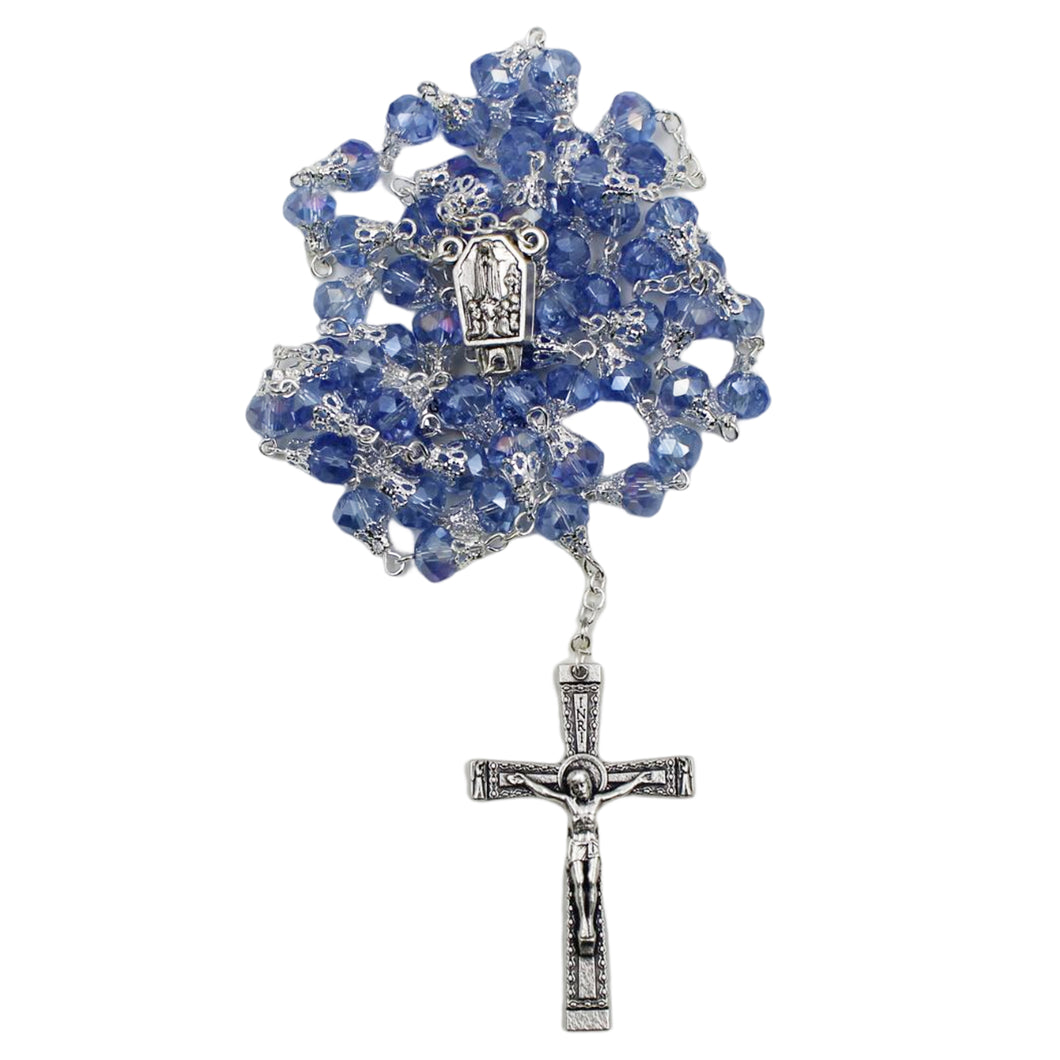 Our Lady of Fatima Clear Blue Violet Shiny Glass Beads Rosary