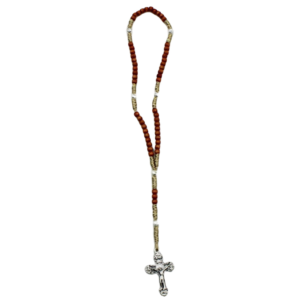 St Benedict Wood Rosary on Rope w/ Metal Beads