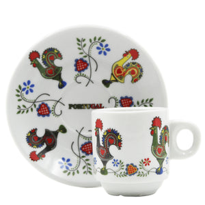 Portugal Themed Rooster Flowers Espresso Cups and Saucers with Gift Box, Set of 6