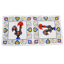 Load image into Gallery viewer, 16&quot; x 31&quot; Good Luck Rooster Galo de Barcelos White Table Linen with Fringe
