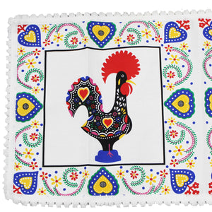 16" x 31" Good Luck Rooster Galo de Barcelos White Table Linen with Fringe