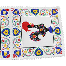 Load image into Gallery viewer, 16&quot; x 31&quot; Good Luck Rooster Galo de Barcelos White Table Linen with Fringe

