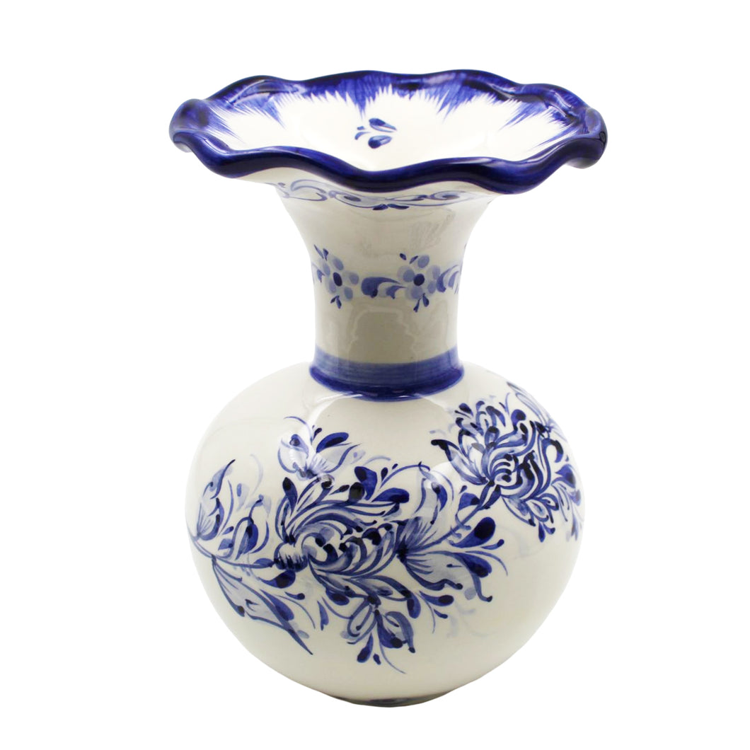 Hand-Painted Portuguese Ceramic Floral Blue and White Vase