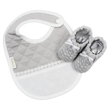Load image into Gallery viewer, Portuguese Unisex Grey Baby Classic Snap Closure Cross Stitch Bib and Booties Set
