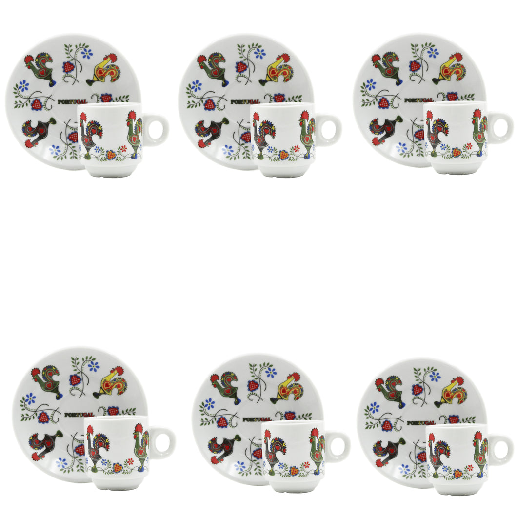 Portugal Themed Rooster Flowers Espresso Cups and Saucers with Gift Box, Set of 6