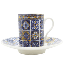 Load image into Gallery viewer, Portuguese Blue and Yellow Tile Azulejo Ceramic Espresso Cups - Set of 2
