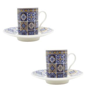 Portuguese Blue and Yellow Tile Azulejo Ceramic Espresso Cups - Set of 2