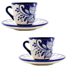 Load image into Gallery viewer, Hand-Painted Portuguese Pottery Clay Terracotta Blue Espresso Cup and Saucer, Set of 2
