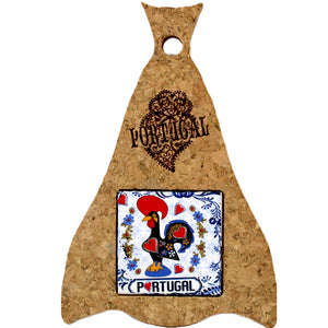 Small Portuguese Cork Codfish Trivet with Good Luck Rooster Centerpiece
