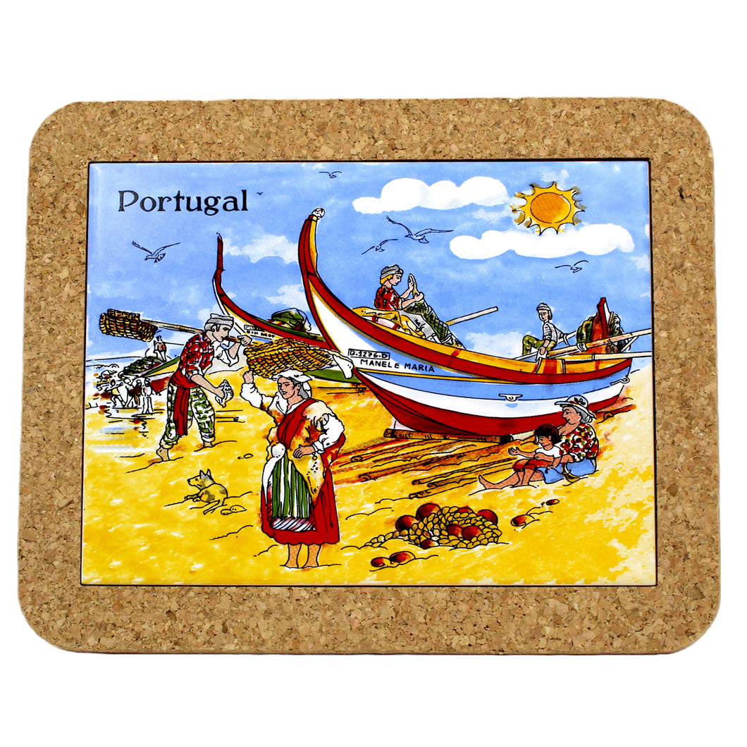 Portuguese Coastline with Traditional Fishermen Themed Natural Cork Trivet - Various Sizes