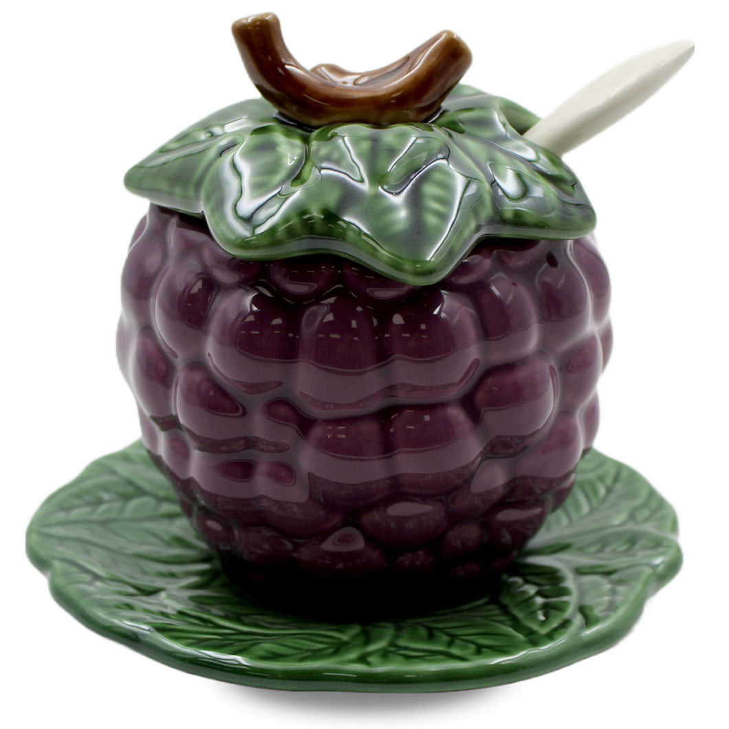 Faiobidos Hand-Painted Ceramic Blackberry Sugar Bowl with Spoon