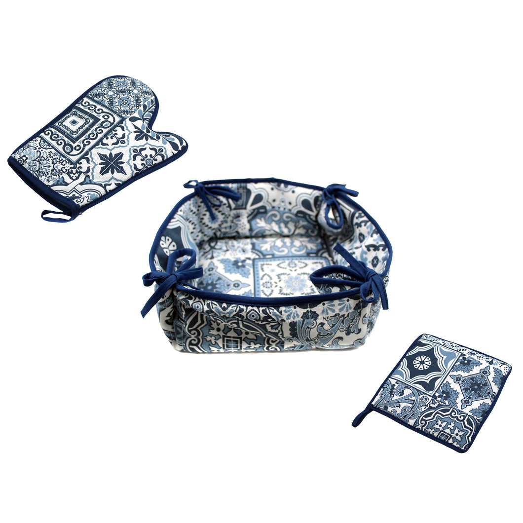 100% Cotton Portugal Blue Tile Azulejo Oven Mitt, Bread Basket, and Pot Holder Set