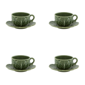 Bordallo Pinheiro Cabbage Tea Cup and Saucers, Set of 4