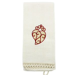 Red Gold Viana Heart Made in Portugal Embroidered Tea Towel with Fringe